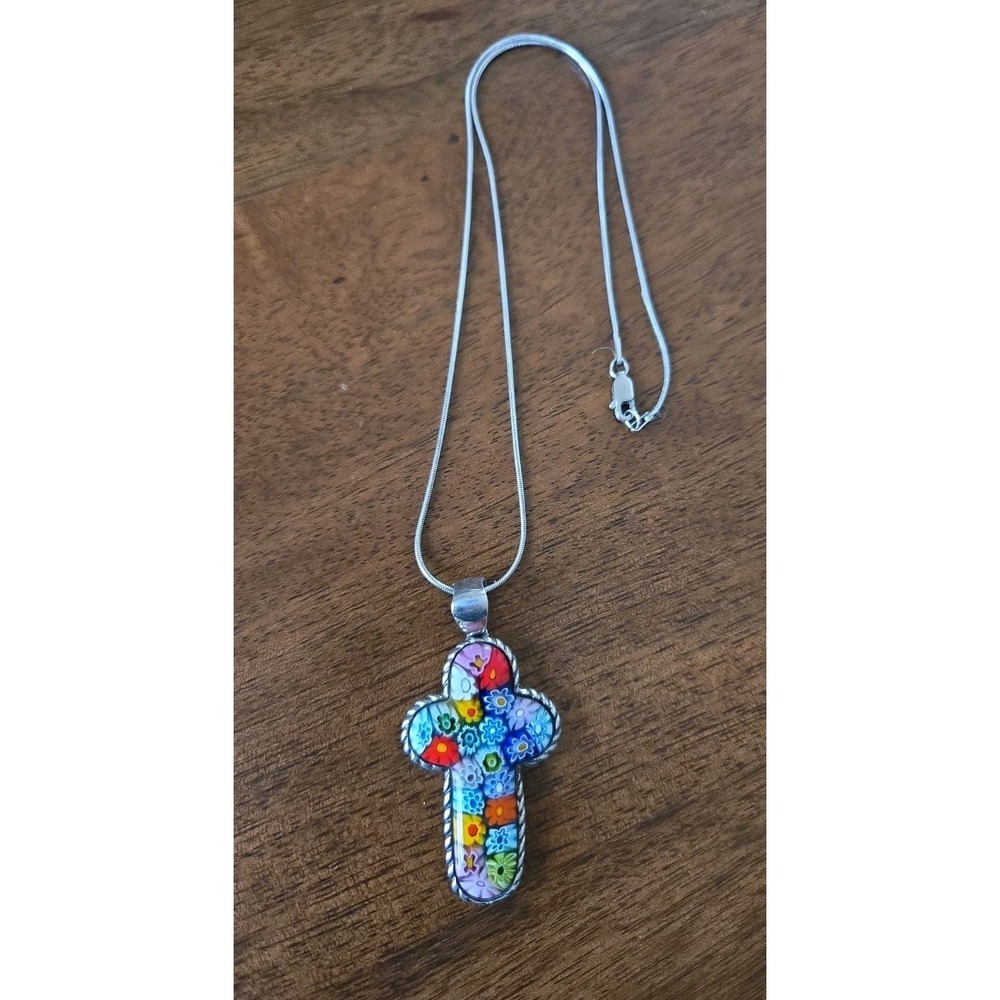VTG Alan K. Murano Glass Millefiori & Sterling Cross Pendant w/ 17" Silver Chain